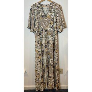 Johnny Was Jade Cruz Maxi Dress Boho 100% Silk Tie Waist Cream Blue Medium M